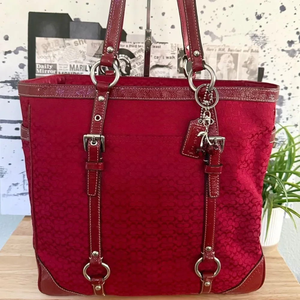 COACH Vintage 3 Piece Set Red Mini “C” Canvas & Leather Tote, Crossbody, Wallet. - Picture 2 of 11